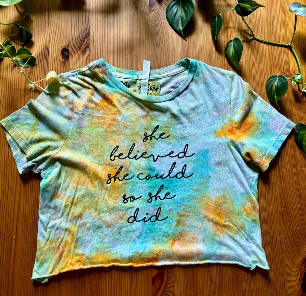 Hand Ice Dyed Graphic T-Shirt Reworked Cropped Tee Blue Orange She Believed S